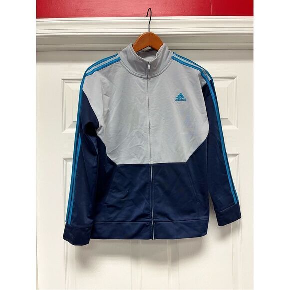 Adidas Womens Gray & Blue Zip Up Warm Up Jacket sz L 14-16 - Picture 1 of 6